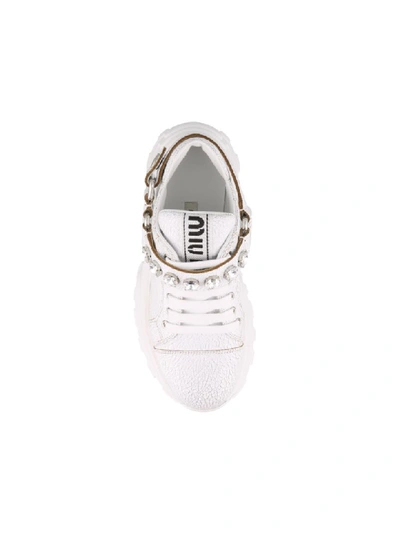 Shop Miu Miu Leather Sneakers With Crystals In White