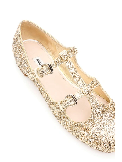 Shop Miu Miu Glitter Ballerinas In Pirite (gold)