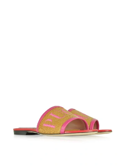 Shop Emilio Pucci Raffia & Leather Slipper W/embroidered Logo In Pink