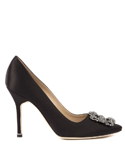 Shop Manolo Blahnik Hangisi Black Satin & Leather Pumps