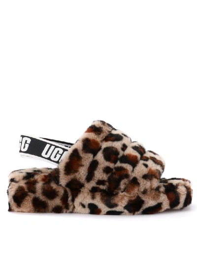 Shop Ugg Fluff Yeah Sandal Slipper Made Of Soft Leopard Leather In Animalier