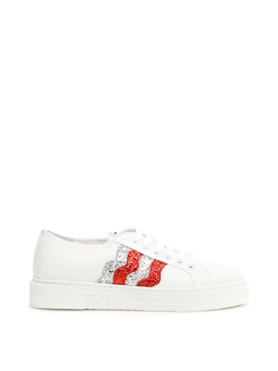 Shop Miu Miu Glitter Waves Sneakers In Bianco Rosso (white)