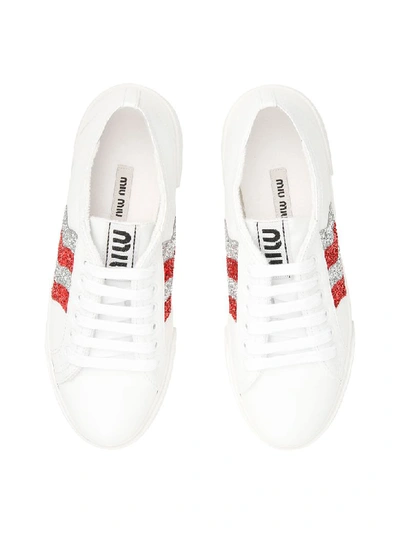 Shop Miu Miu Glitter Waves Sneakers In Bianco Rosso (white)