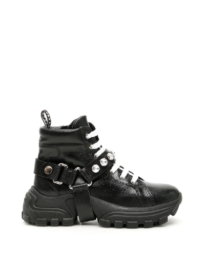 Shop Miu Miu Crackled Combat Sneakers In Nero (black)