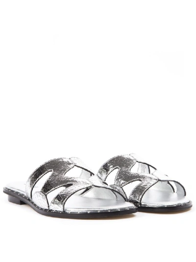 Shop Michael Michael Kors Silver Annalee Textured Metallic Leather Slide