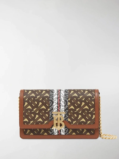 Shop Burberry Small Monogram Stripe Wallet On Chain In Brown