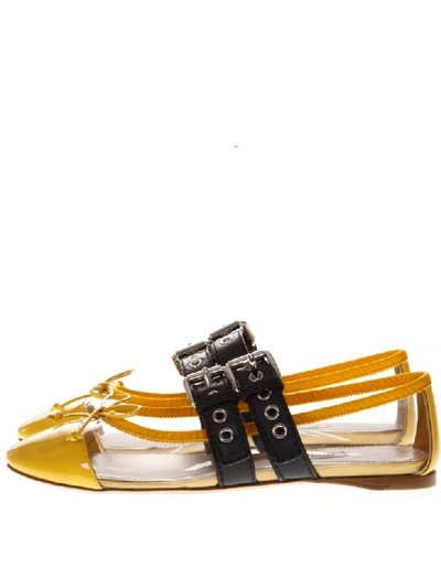 Shop Miu Miu Yellow Pvc &amp; Leather Pointy Buckled Slippers In Yellow/black