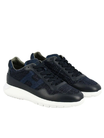 Shop Hogan Sneakers In Leather And Lurex Fabric With H And Sport Sole In Blue