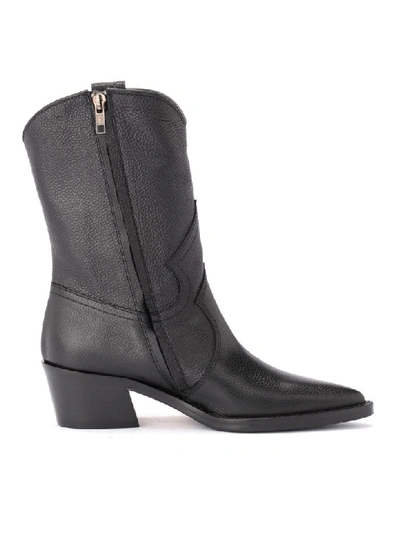 Shop Via Roma 15 Texan  Ankle Boot In Black Grained Leather In Nero