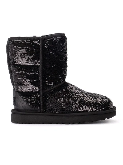 Shop Ugg Classic Short Ankle Boot In Metallic Suede With Black Sequins In Nero