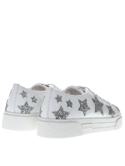 Shop Miu Miu White Leather Glitter Stars Sneakers In White/silver