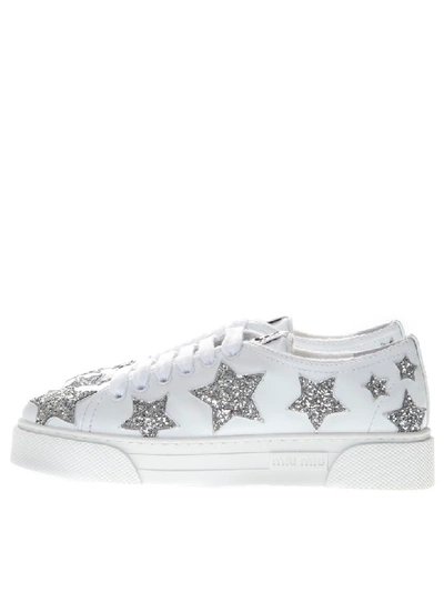 Shop Miu Miu White Leather Glitter Stars Sneakers In White/silver