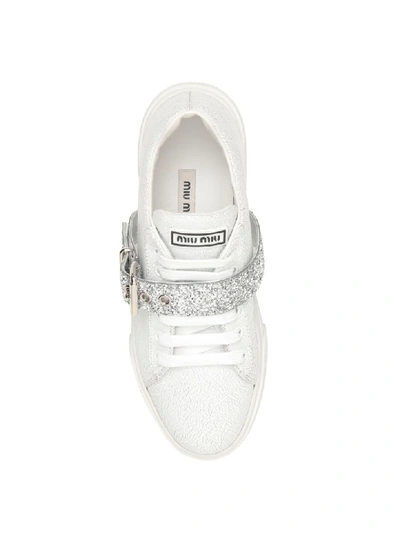 Shop Miu Miu Sneaker With Glitter Strap In Bianco Argento (white)