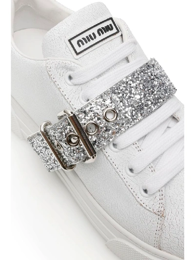 Shop Miu Miu Sneaker With Glitter Strap In Bianco Argento (white)