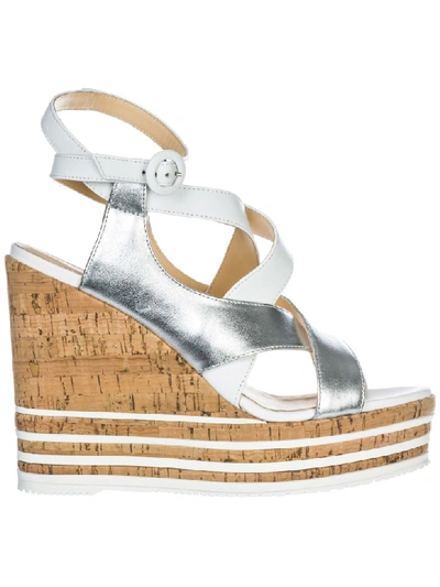 Shop Hogan H361 Wedge Sandals In Argento Bianco