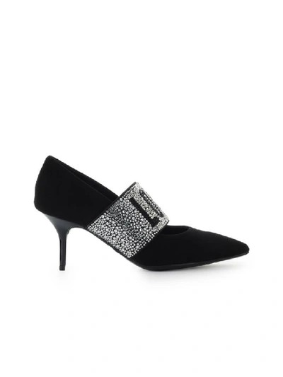 Shop Love Moschino Black Suede Pump With Rhinestones Logo In Nero (black)