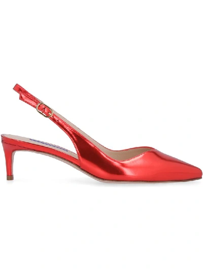 Shop Stuart Weitzman Edith Mirror Look Leather Sling-back In Red