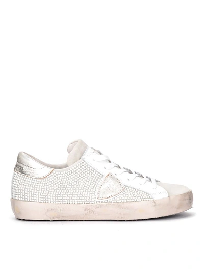 Shop Philippe Model Paris Sneaker In Gray Suede With White Micro Studs On One Side In Bianco