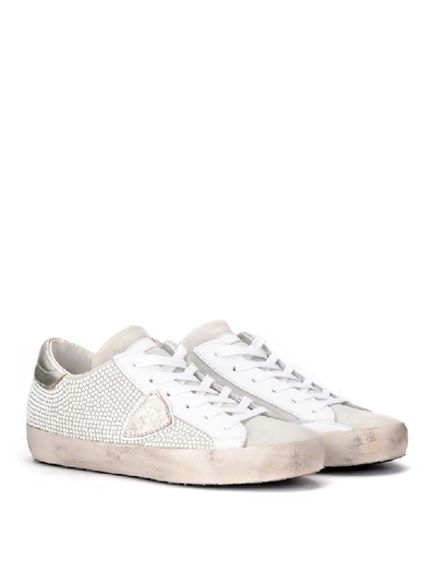 Shop Philippe Model Paris Sneaker In Gray Suede With White Micro Studs On One Side In Bianco