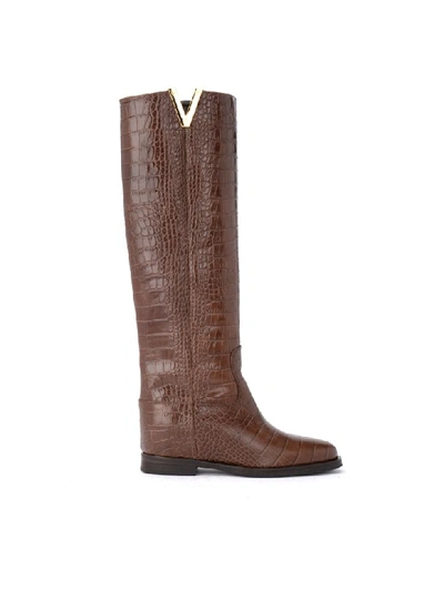 Shop Via Roma 15 Boot Made Of Brown Crocodile Print Leather In Marrone