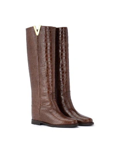 Shop Via Roma 15 Boot Made Of Brown Crocodile Print Leather In Marrone