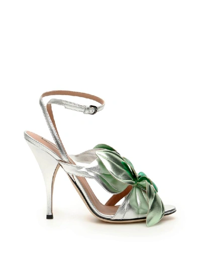 Shop Marco De Vincenzo Laminated Leather Sandals With Flower In Silver (silver)