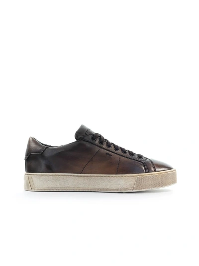 Shop Santoni Dark Brown Leather Sneaker In T.moro (brown)