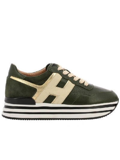 Shop Hogan Sneakers In Smooth Laminated Leather With Suede Heel And 222 Sole In Green