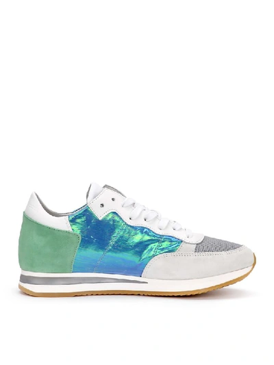 Shop Philippe Model Tropez Iridescent Fabric And Green Suede Sneaker In Verde