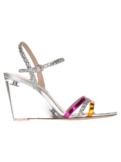 Shop Miu Miu Glitter Wedge Sandals In Brandy + Fuchsia + Silver