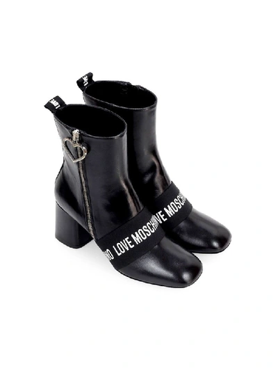 Shop Love Moschino Black Leather Logo Ankle Boot In Nero (black)