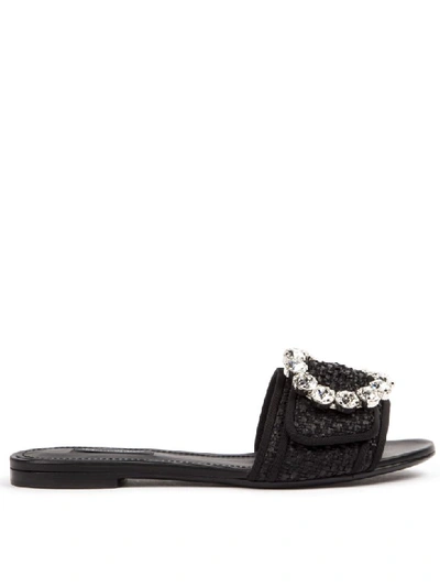 Shop Dolce & Gabbana Black Leather & Viscose Jewel Slider Sandal