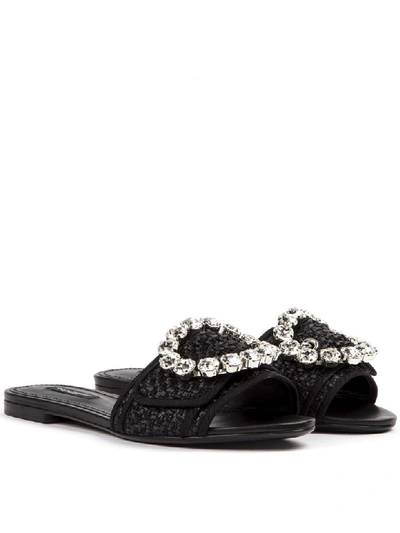 Shop Dolce & Gabbana Black Leather & Viscose Jewel Slider Sandal