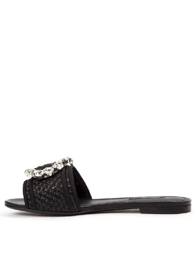 Shop Dolce & Gabbana Black Leather & Viscose Jewel Slider Sandal