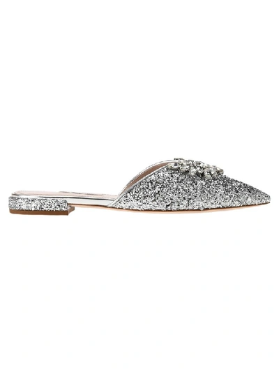 Miu Miu Embellished Glittered Mules In Silver