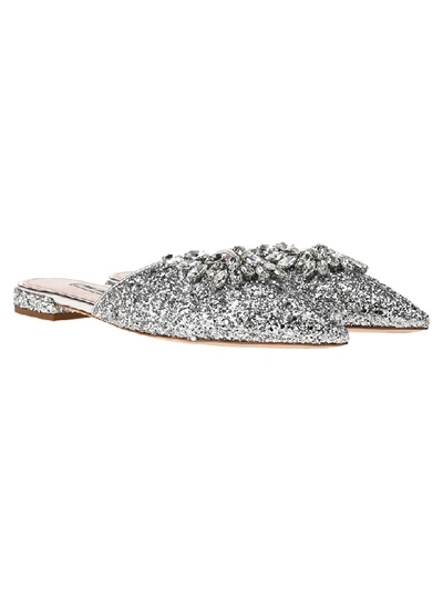 Miu Miu Embellished Glittered Mules In Silver