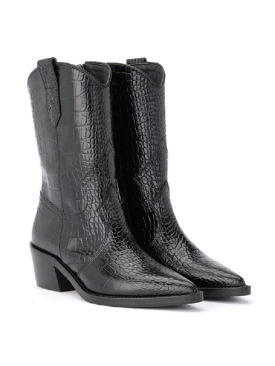 Shop Via Roma 15 Texan  Black Ankle Boot In Crocodile Print Leather In Nero