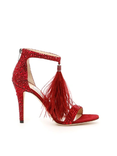 Shop Jimmy Choo Crystal And Feather Viola Sandals In Red Mix (red)