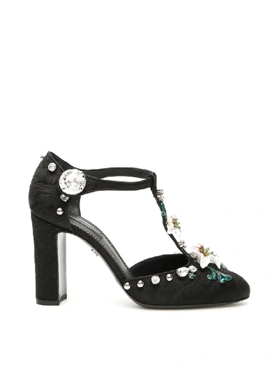 Shop Dolce & Gabbana T-strap Sandals With Lilies In Nero (black)