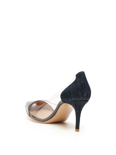 Shop Gianvito Rossi Denim And Patent Plexi 70 Pumps In Leopard Print Trasp Denim (blue)