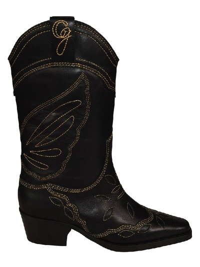 Shop Ganni Embroidered Boots In Nero