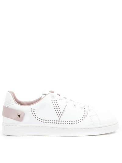 Shop Valentino White And Pink Leather Vlogo Sneakers In White/pink