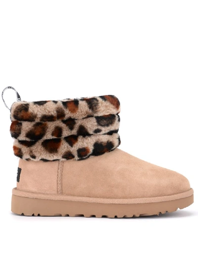 Shop Ugg Fluff Mini Quilted Ankle Boot In Beige Sheepskin And Leopard Print Collar