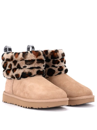 Shop Ugg Fluff Mini Quilted Ankle Boot In Beige Sheepskin And Leopard Print Collar