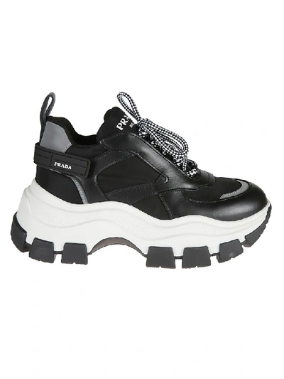 Shop Prada Logo Platform Sneakers In White/black