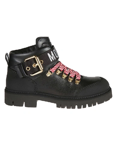 Shop Moschino Buckled Lace-up Boots In Black