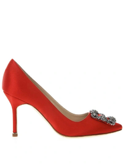 Shop Manolo Blahnik Hangisi Red Satin Pumps