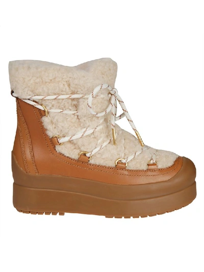 Shop Tory Burch Fur Trim Ankle Boots In Brown/beige