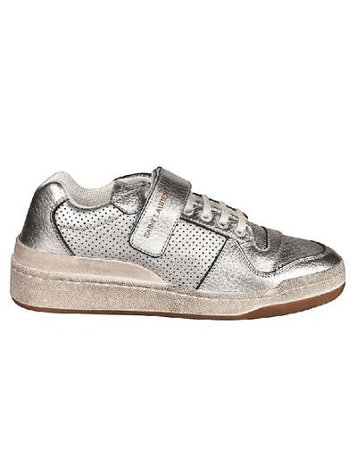 Shop Saint Laurent Perforated Low Top Sneakers In Argento