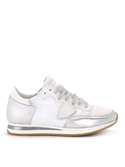 Shop Philippe Model Tropez White And Silver Fabric And Leather Sneaker In Bianco